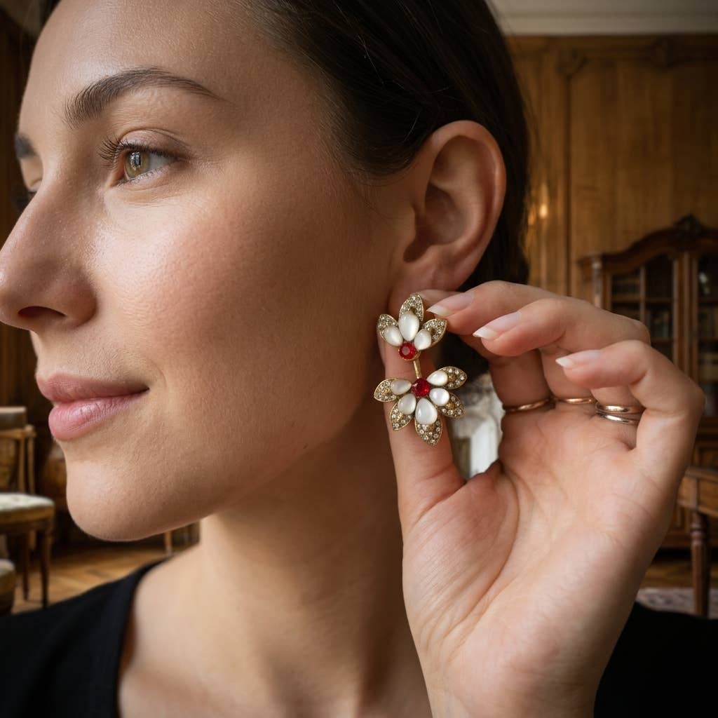 GirlyPirateCo - Vintage Gold Plated Shell&Red Crystal Flower Dangle Earrings
