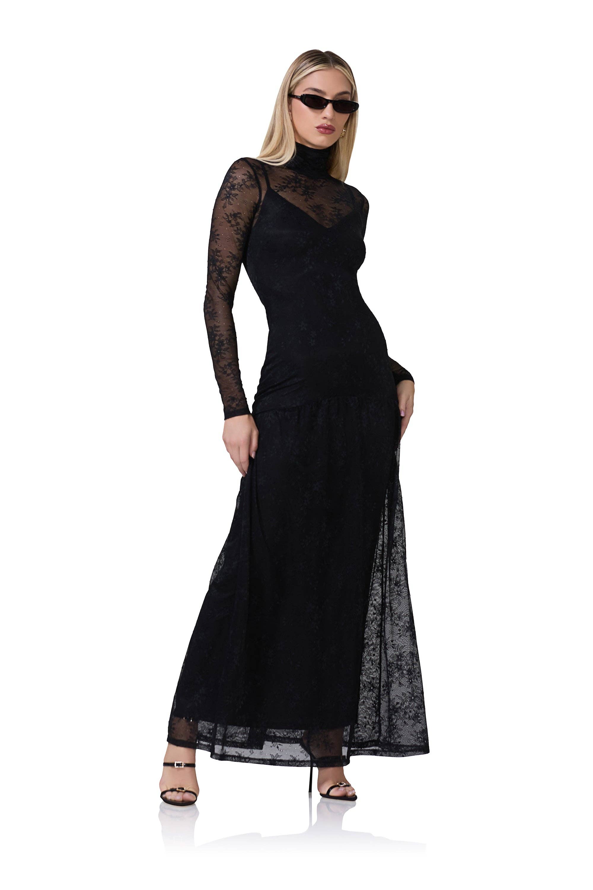 afrm maxi dress knit cowl halter neck in pink floral on styling AFRM - Amala Lace Dress