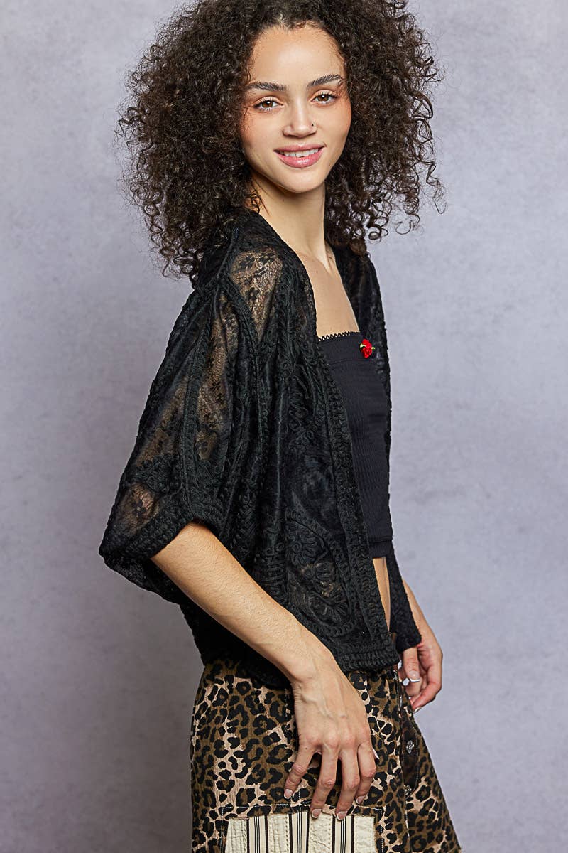Pol Clothing - Floral Embroidery Crochet Half Batwing Sleeve Cardigan