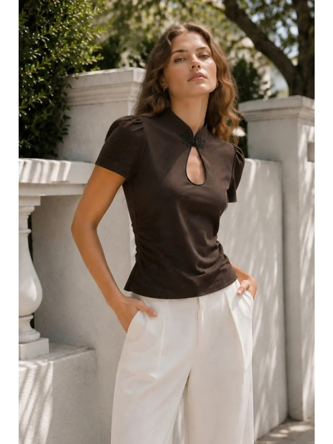 Linen Frog Clasp Shirred Top