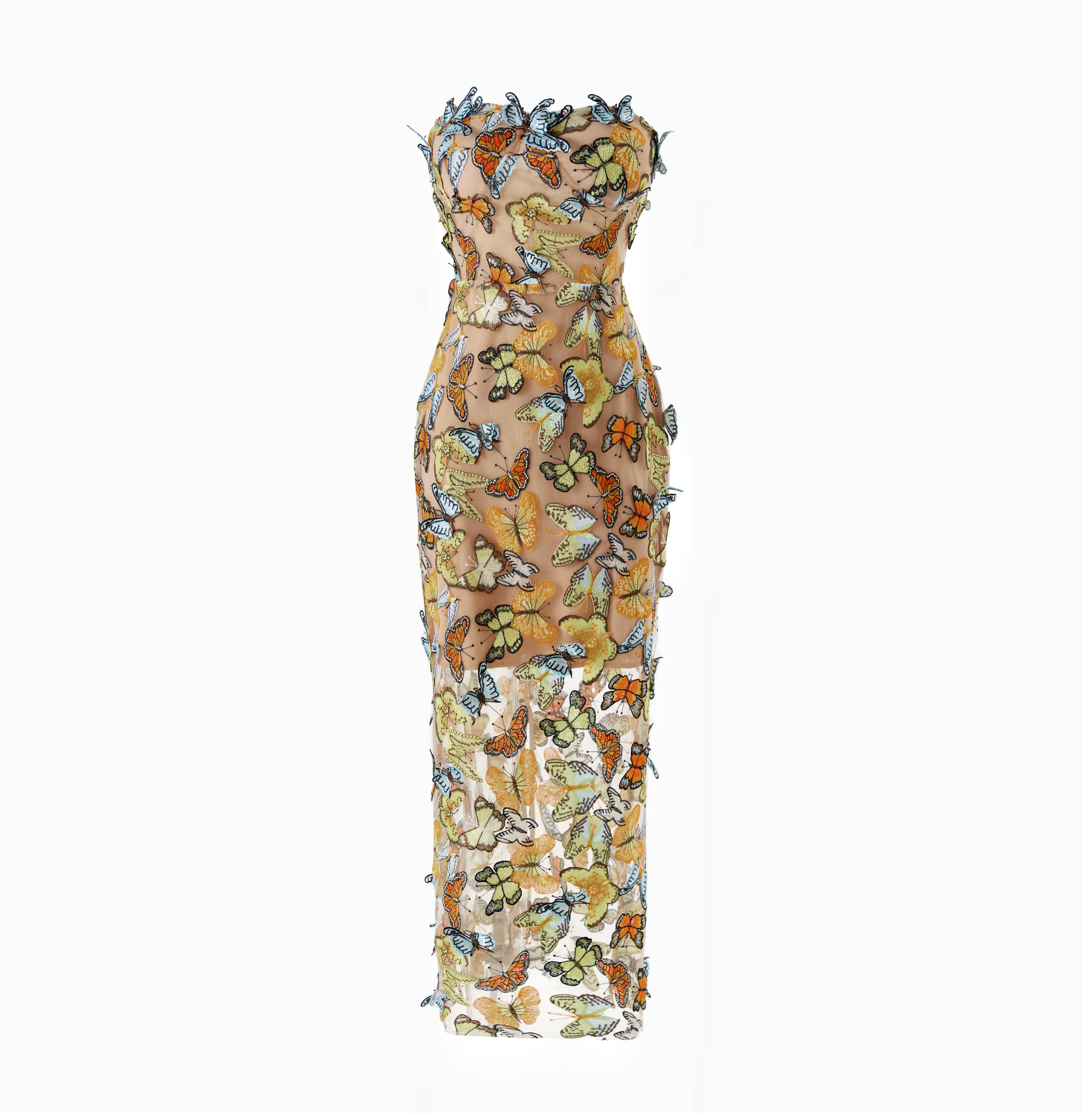 Embroidered Butterfly Tulle Strapless Gown