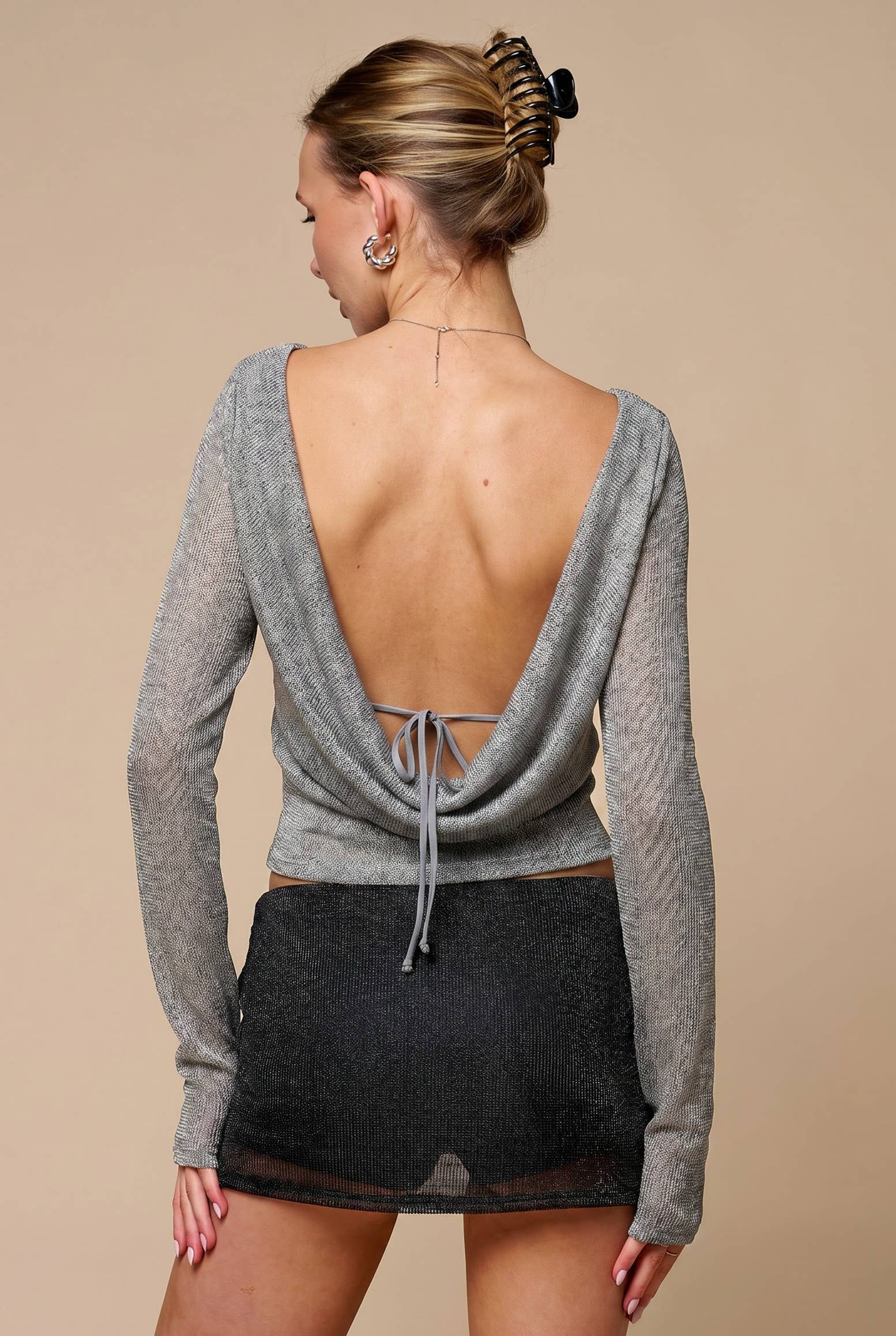 Blue Blush - Lurex Low Back Boat Neck Mesh Top