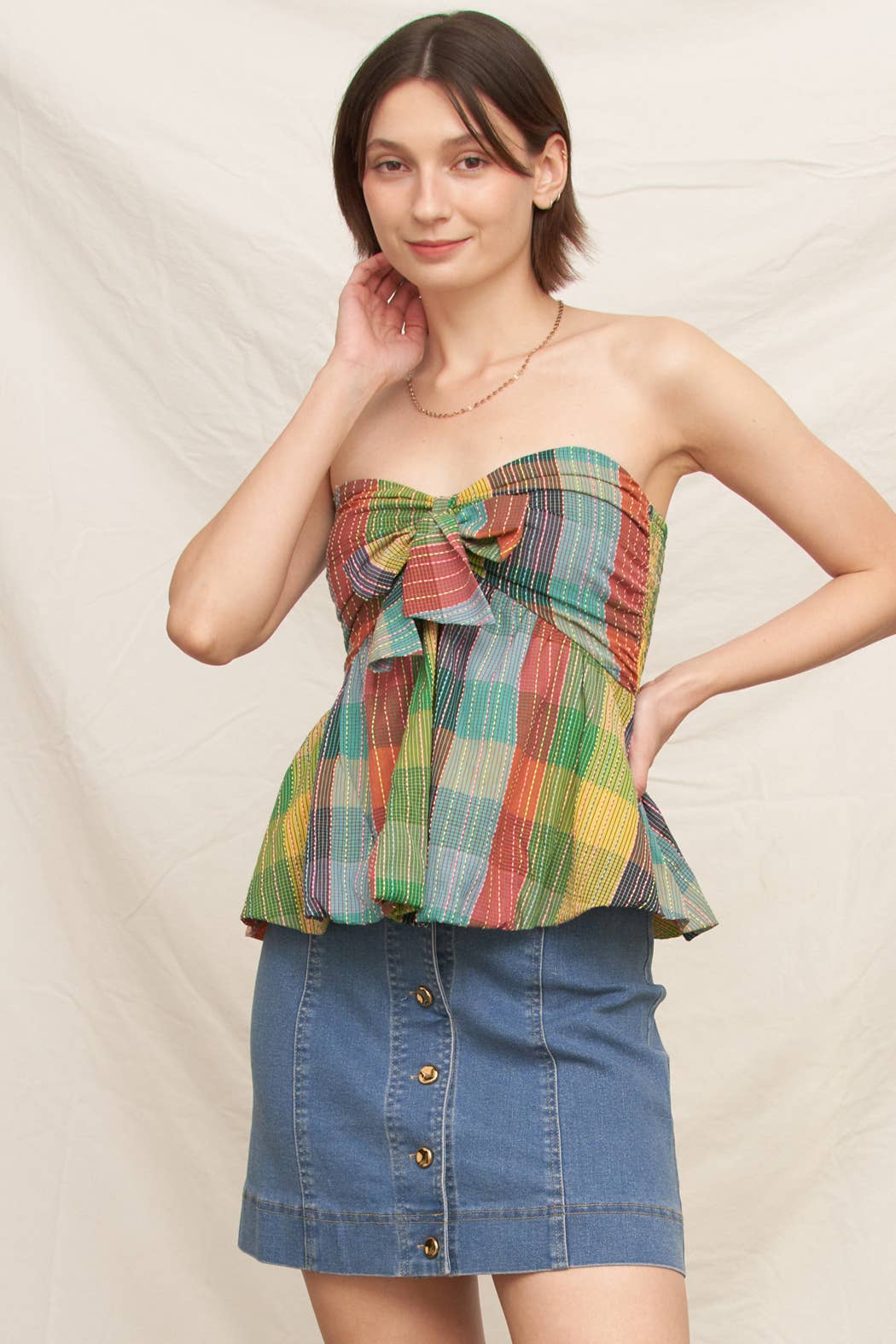 Multicolor Plaid Strapless Ribbon Top