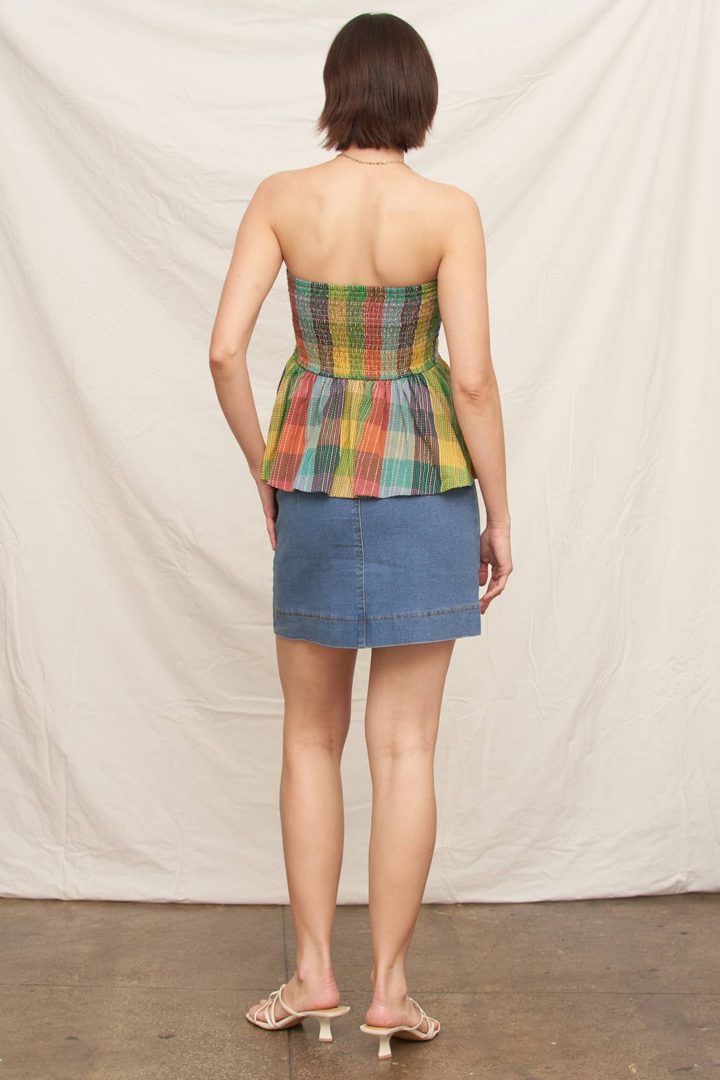 Multicolor Plaid Strapless Ribbon Top