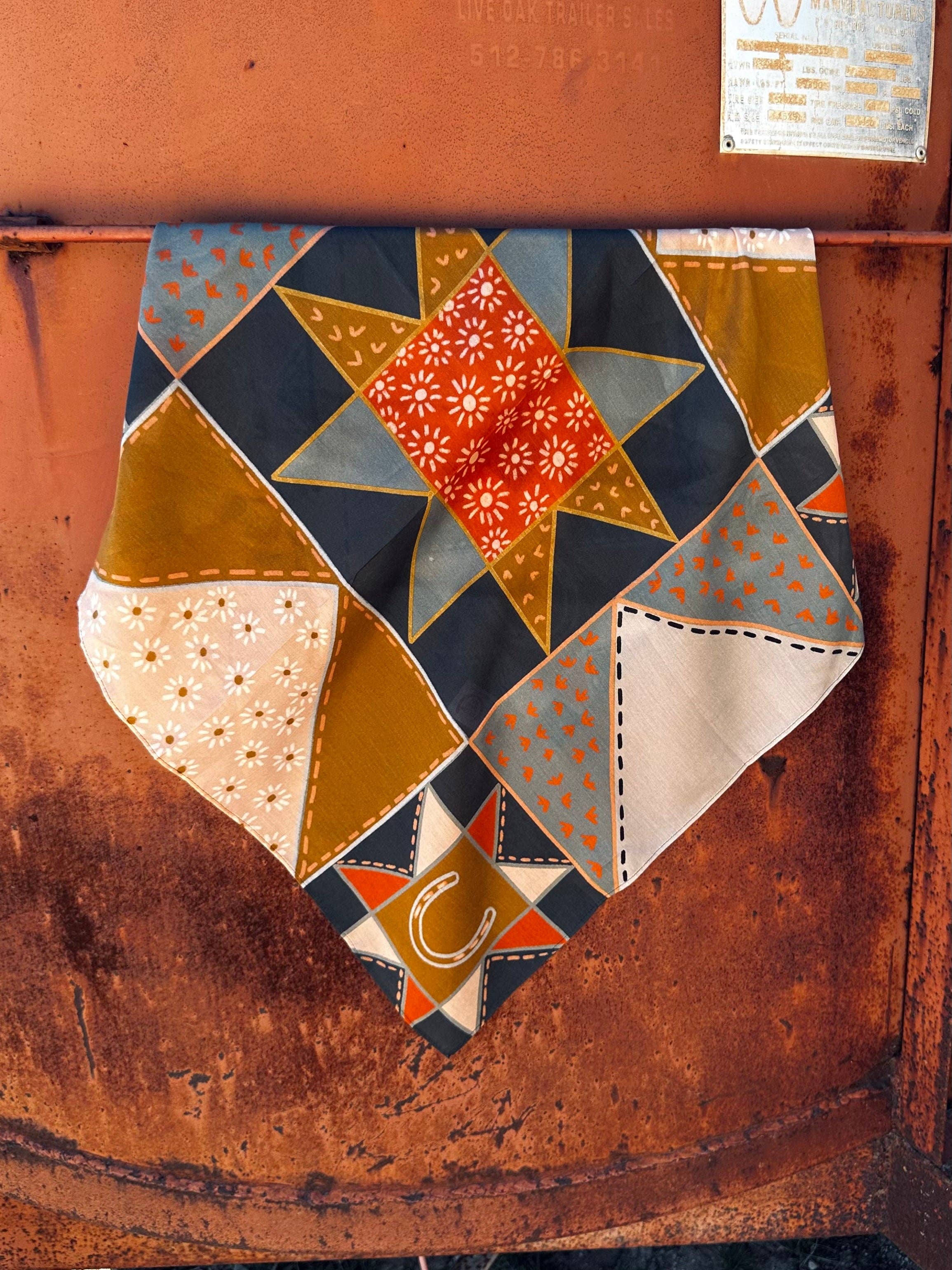 Tirzah Lane Art - Frontier Bound Patchwork in Rust Western Silk Wild Rag Scarf