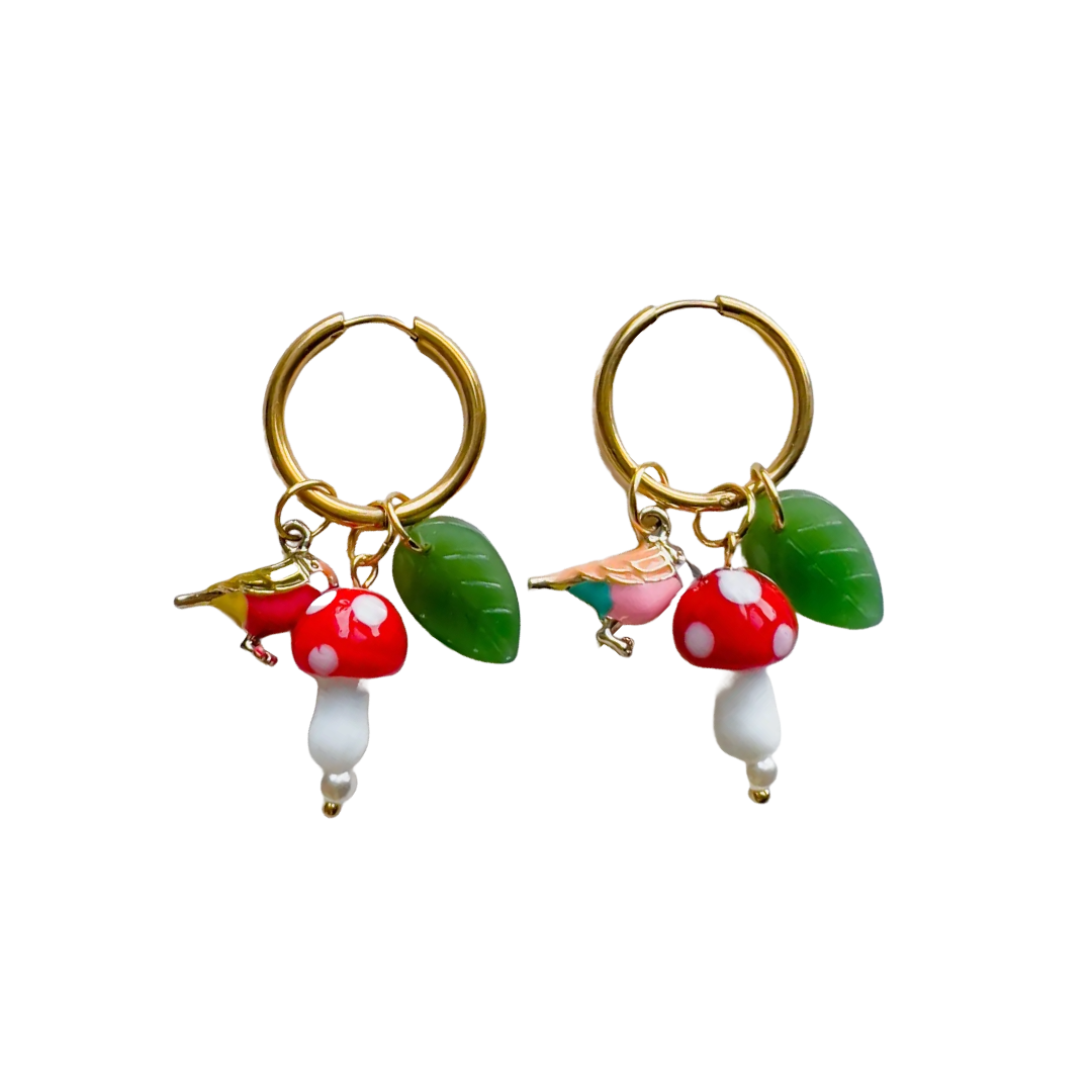 Yellow Dots Studio - Birds and Mushrooms Earrings | Glass Bead Earrings