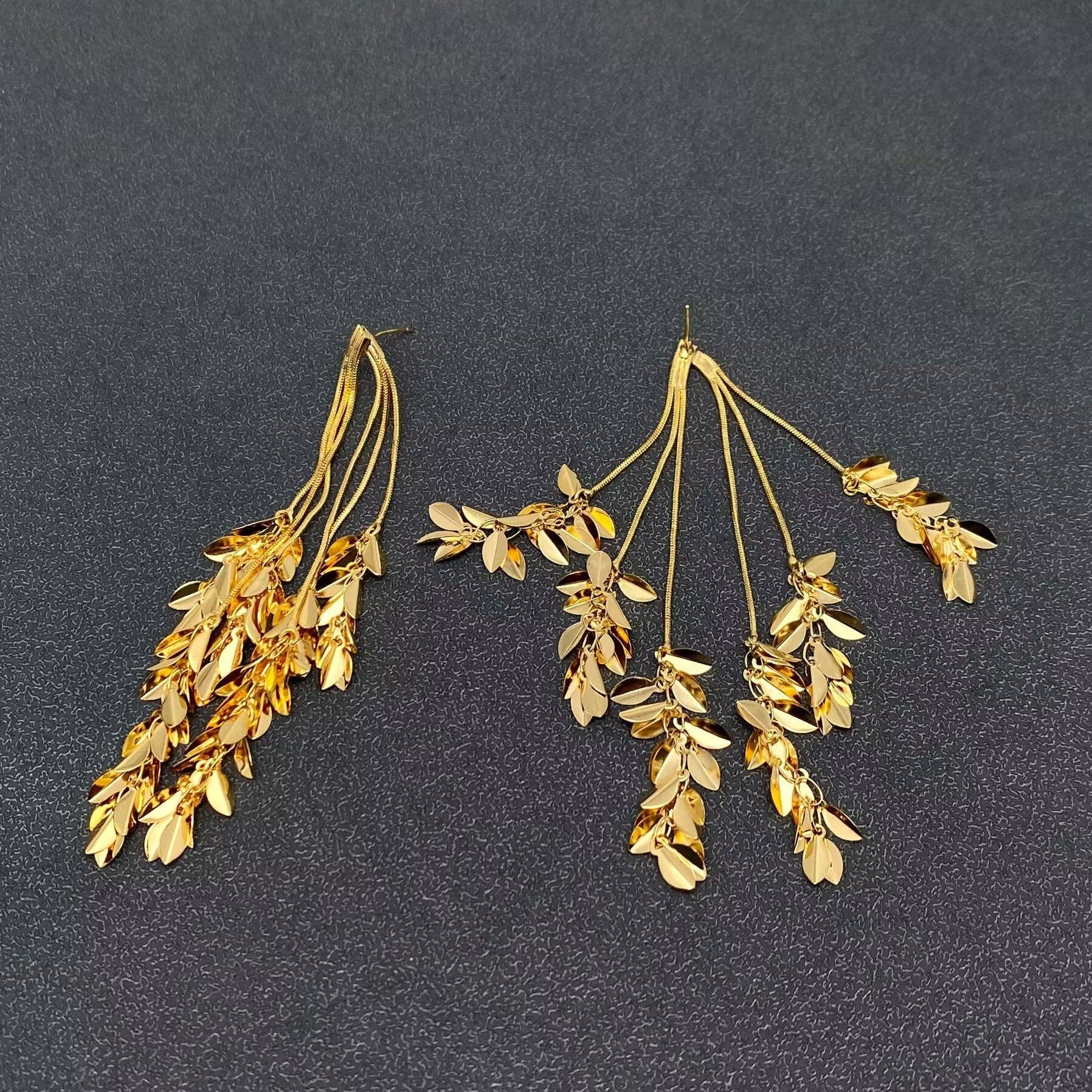 Mio Queena - 18K Gold Plated Metal Leaves Firnge Post Earrings
