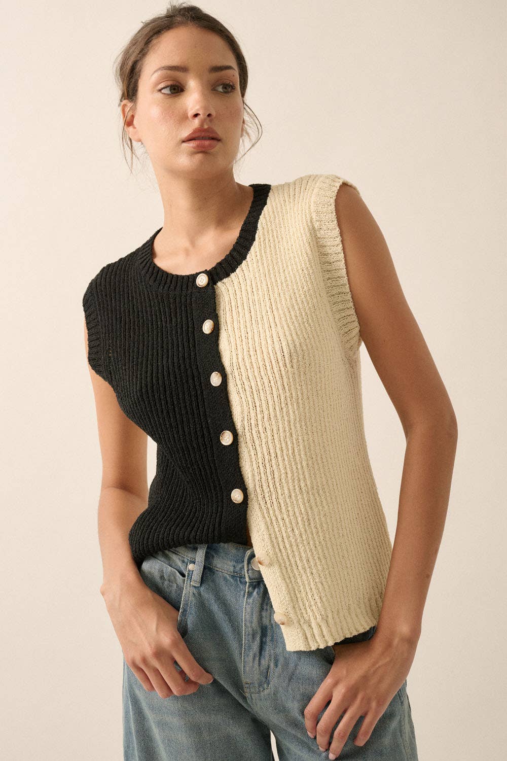 Colorblock Knit Button-Front Sweater Vest