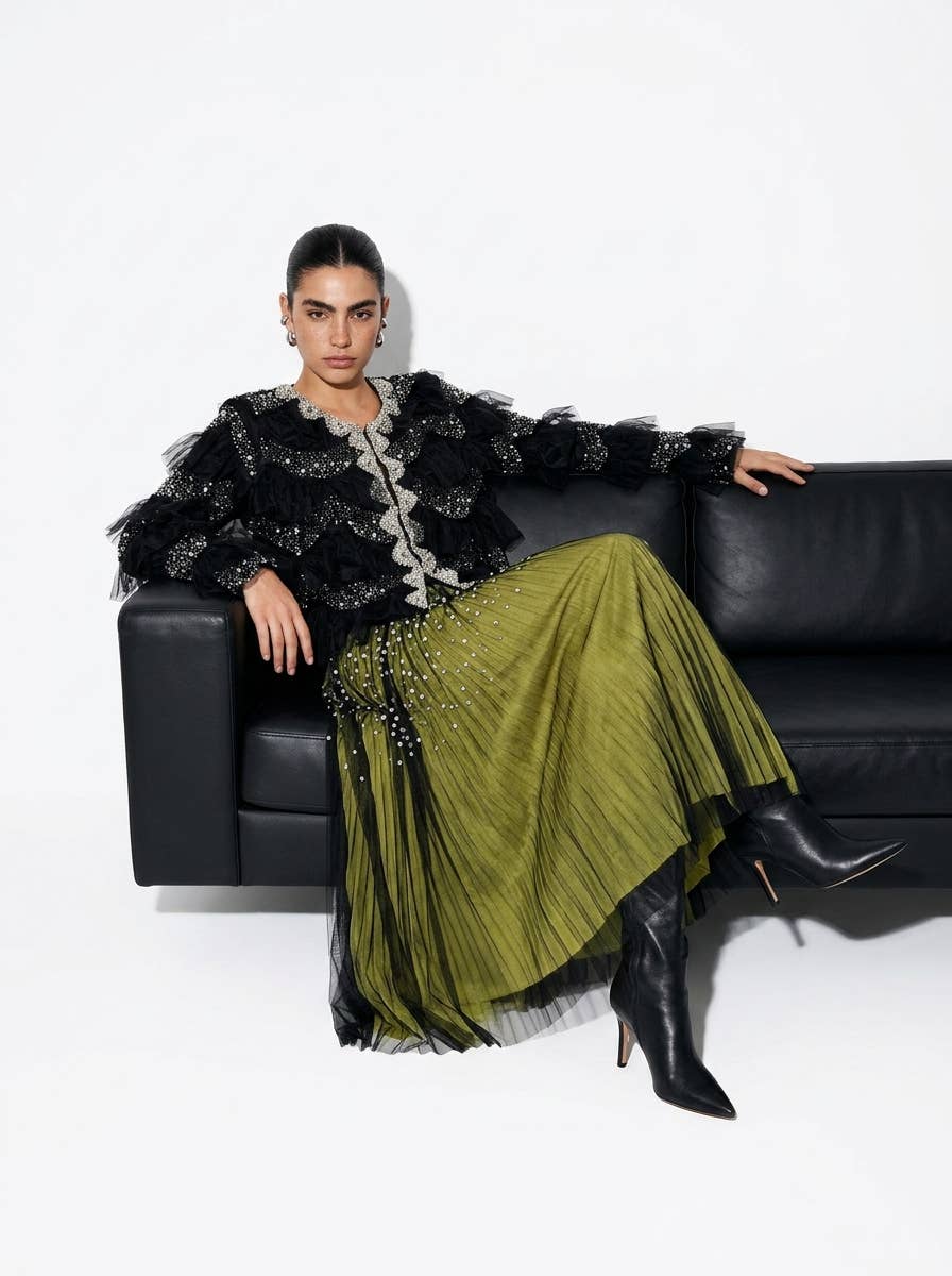 Beulah Style - Embellished Tiered Ruffle Mesh Jacket