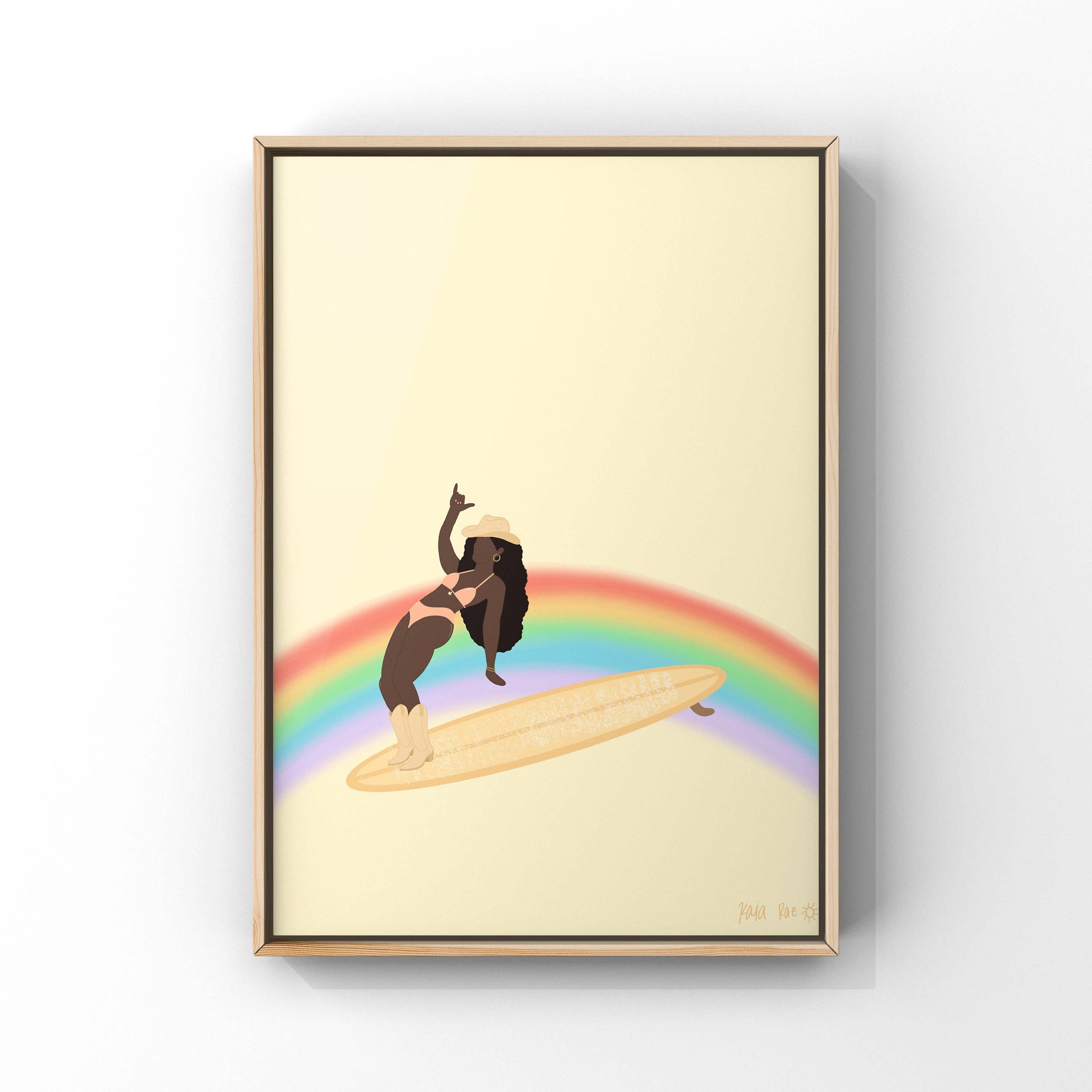 Surf Cowboy - Hang Ten Rainbow Surfing Cowgirl Art Print | Surf Wall Art P