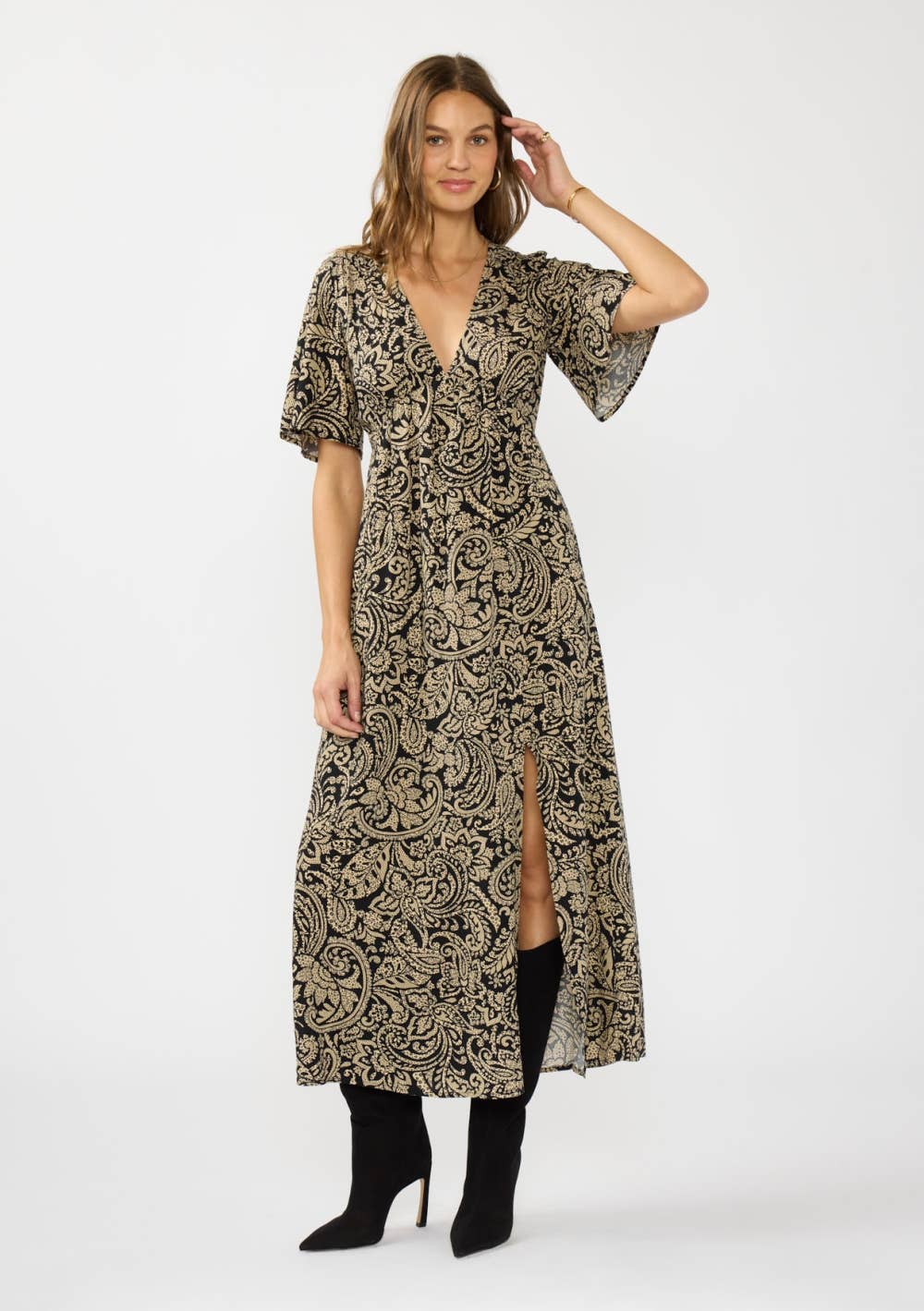 Lovestitch - V-Neck Flutter Sleeve Front Slit Maxi Dress
