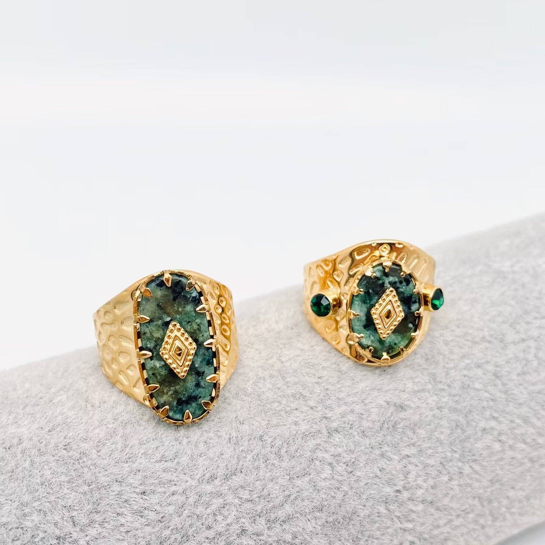 Mio Queena - 18K Gold Plated African Turquoise Steel Ring - FGS/CS