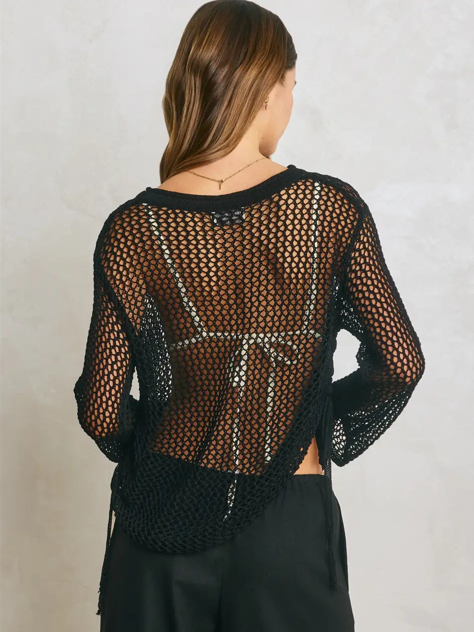 Ruched Side Long Sleeve Open Knitted Top