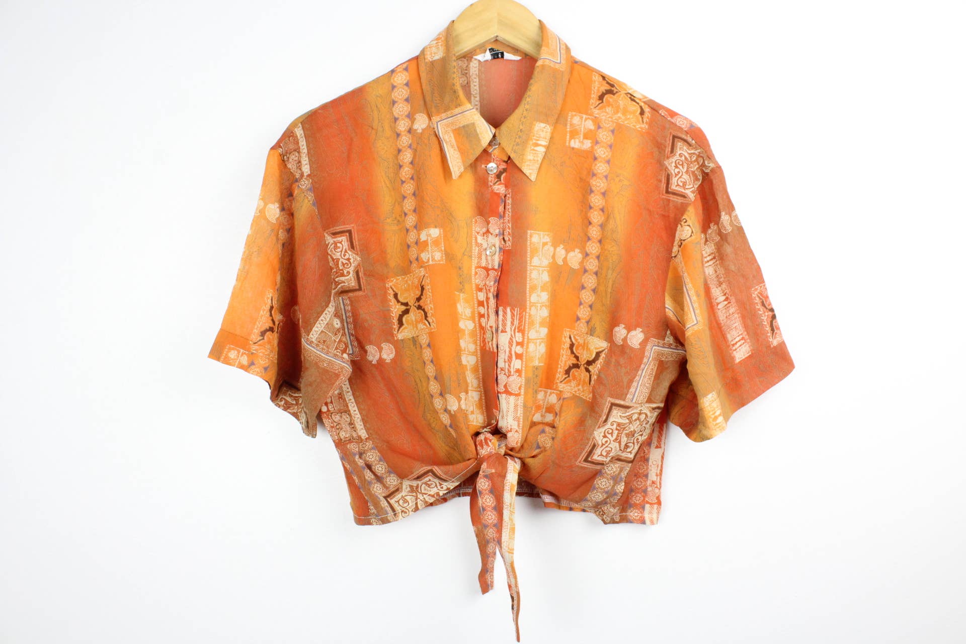 Reworked Vintage Short-Sleeve Button Up Blouse - Tied Front