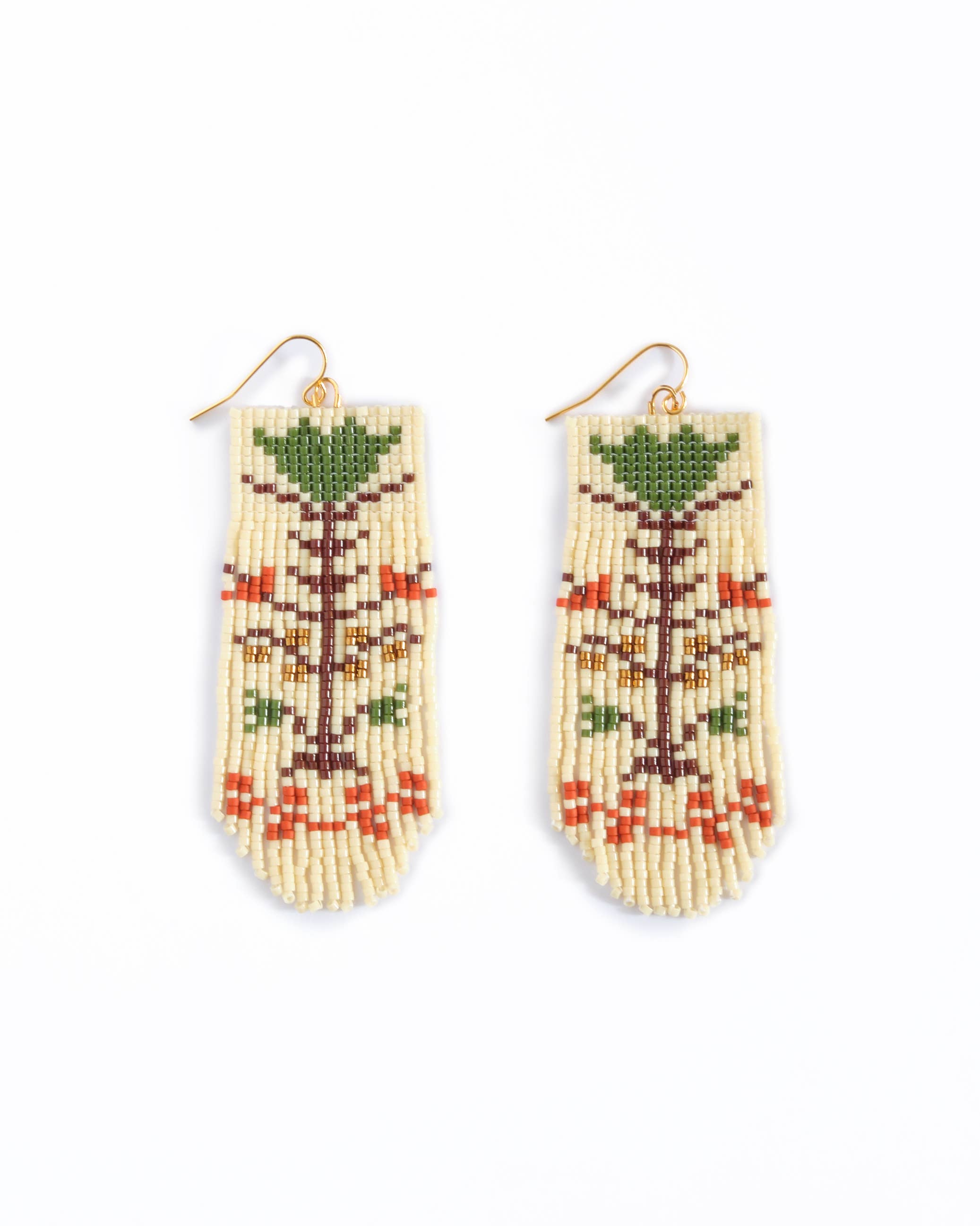 Mayana Designs Co - Beaded Handwoven Vintage Flower Fringe Earrings (Cream/Green