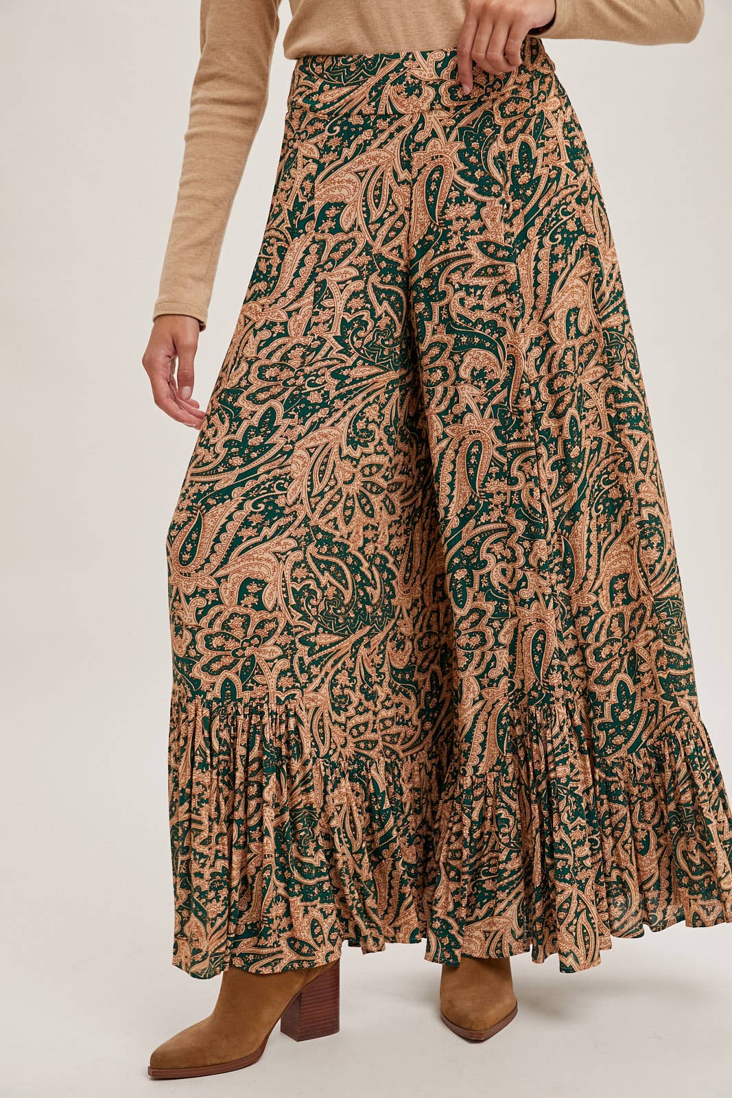 Bluivy - PAISLEY PRINT WIDE RUFFLED PANTS