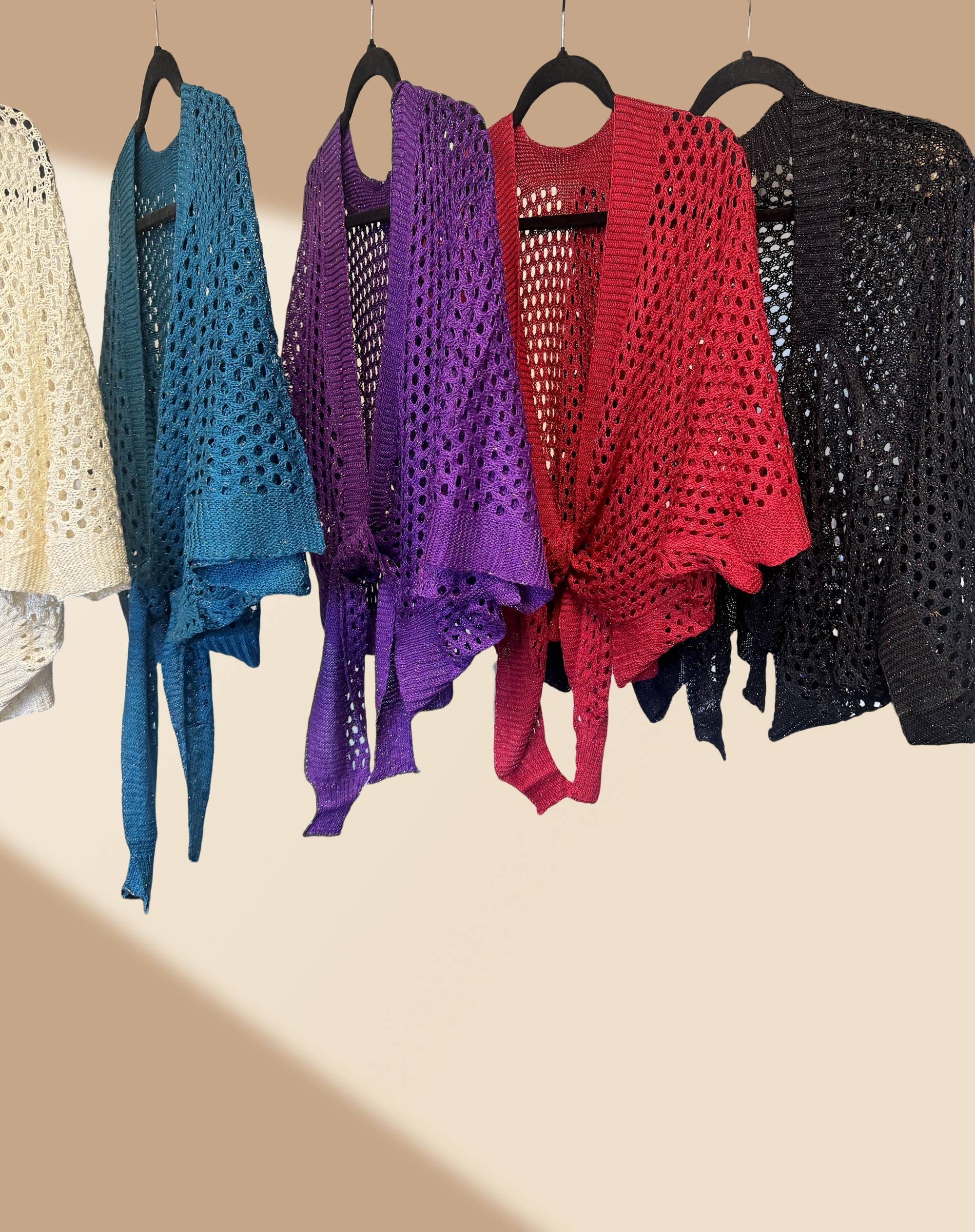 Eyelet Open-Knit Metallic Cardigan with Front Tie