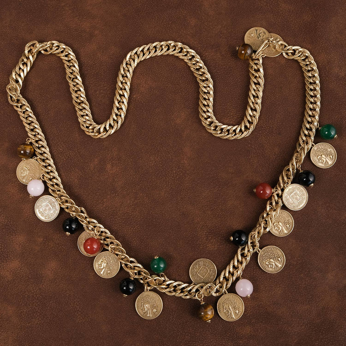 GirlyPirateCo - Vintage 18K Gold Plated Coin&Gemstone Charm Sweater Necklace