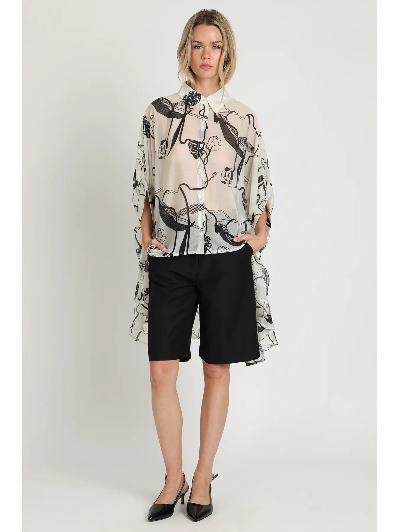 Abstract Print Sheer Hi-Low Button Down Tunic