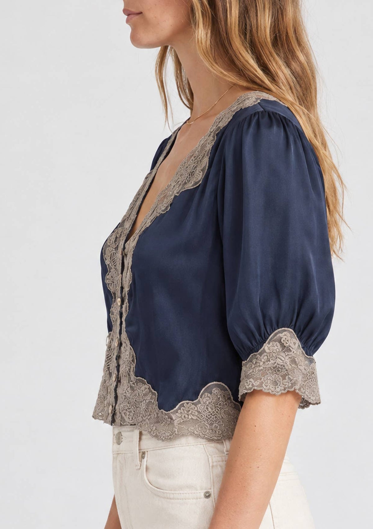 Lovestitch - V-Neck Button Front Blouse with Lace Trim