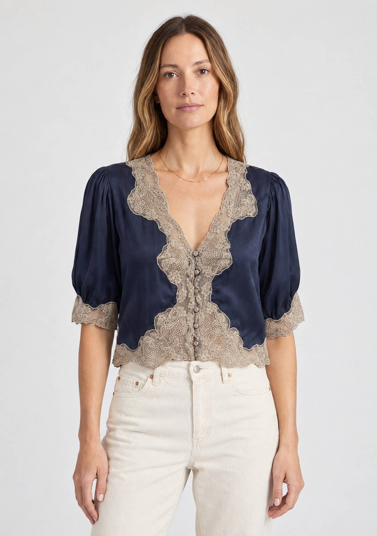Lovestitch - V-Neck Button Front Blouse with Lace Trim