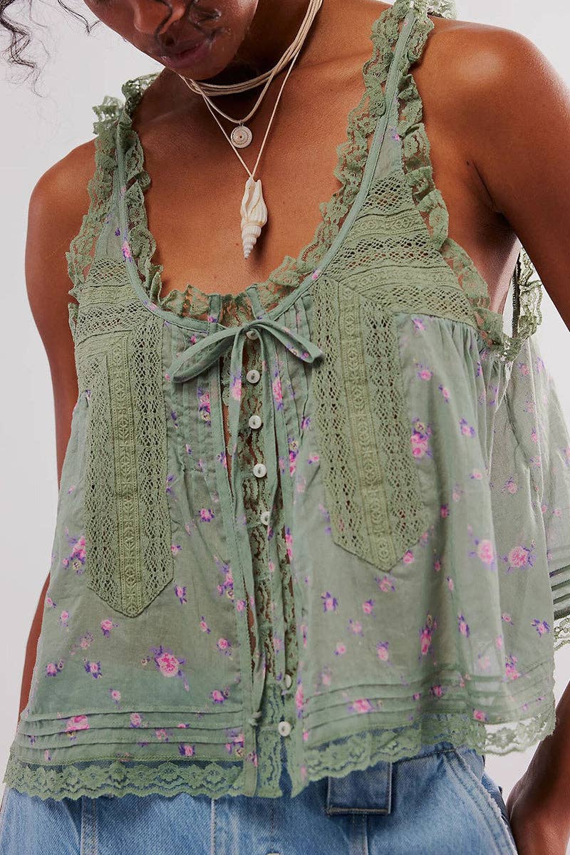 Mccolin - Lace-Trimmed Button-Front Tank