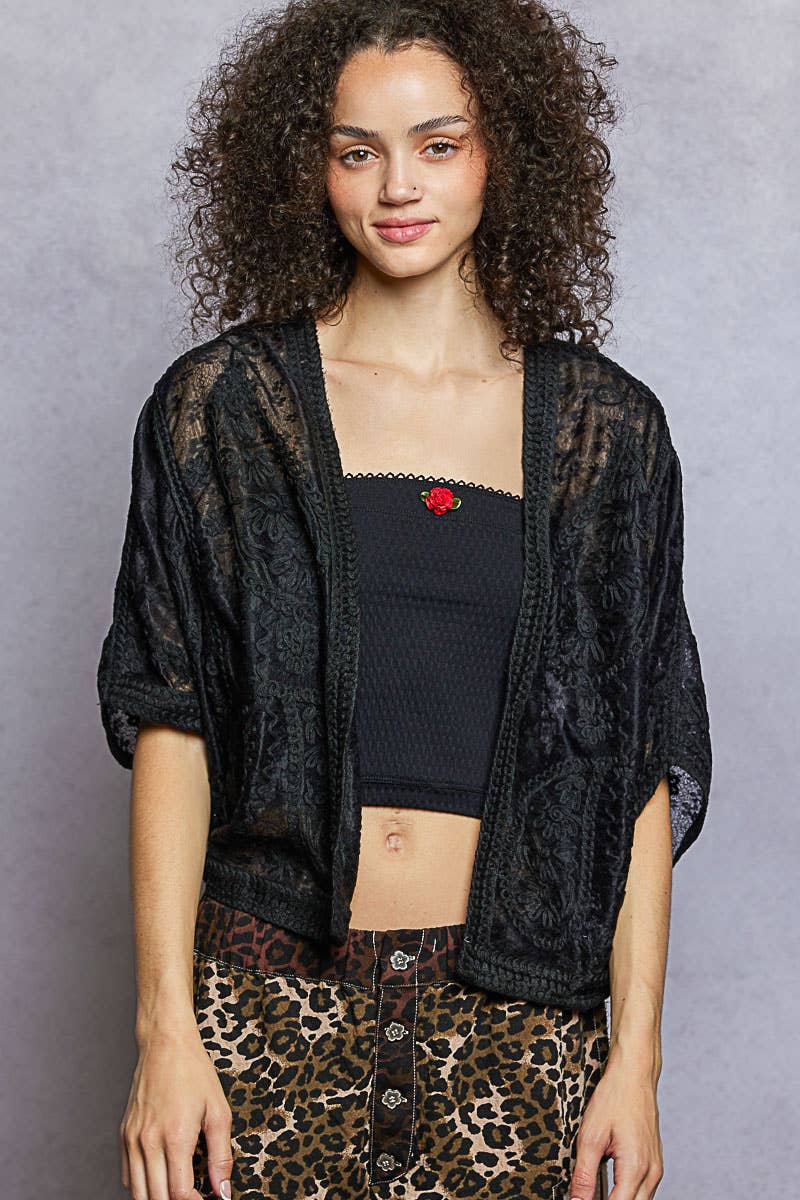 Pol Clothing - Floral Embroidery Crochet Half Batwing Sleeve Cardigan