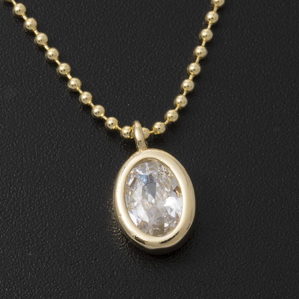Fame Accessories - Gold Dipped Cz Oval Bezel Pendant Ball Chain Necklace