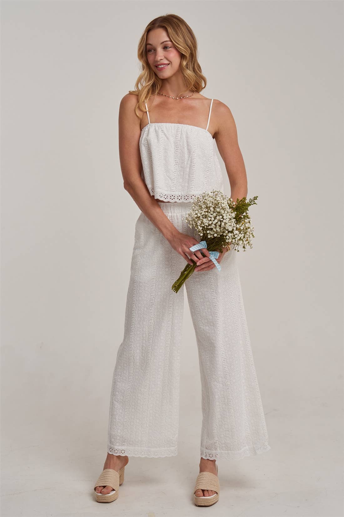 BON - EYELET LACE CROPPED CAMI TOP AND WIDE LEG PANTS SUMMER SET