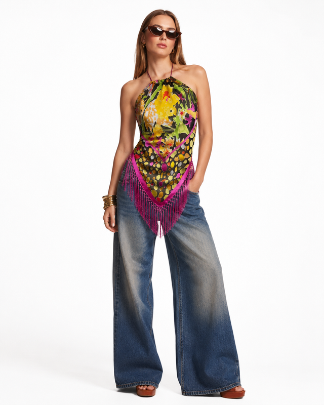 Aris A - Marigold Mosaic Fringe Halter Top