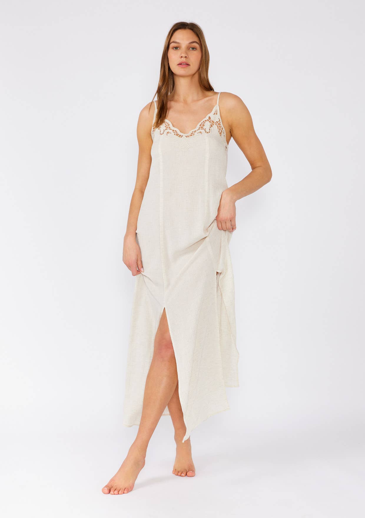 Lovestitch - Battenburg Lace Trim Spaghetti Strap Maxi Dress
