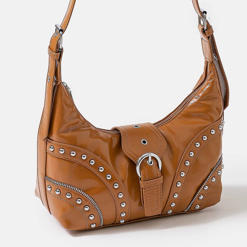 Collections by Fame Accessories - Leather Studded Trim Shoulder Bag