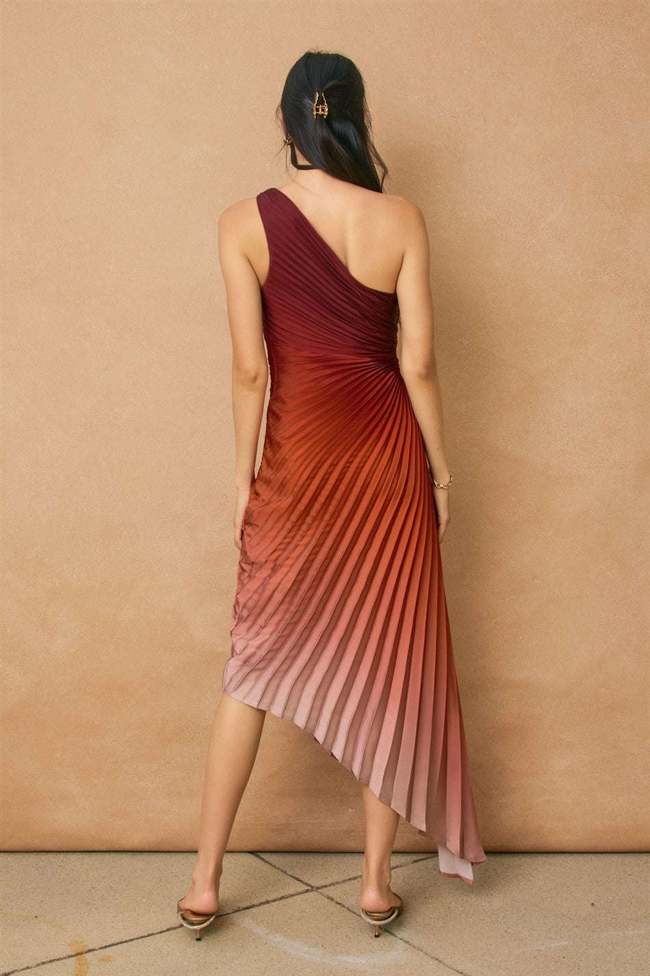 Radiance Ombre Asymmetrical Pleated Maxi Dress