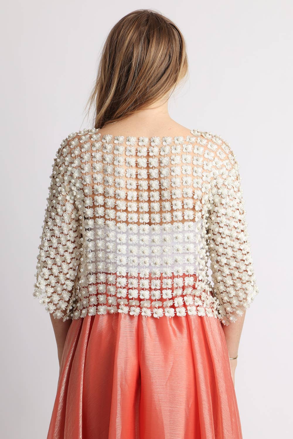 Beulah Style - Floral Guipure Pearl-Embellished Overlay Top