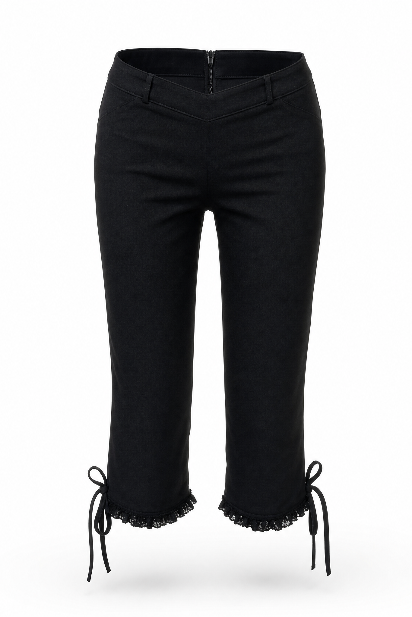 No Vacancy - Stretchy woven v-cut waistline capri pants w/ lace detail
