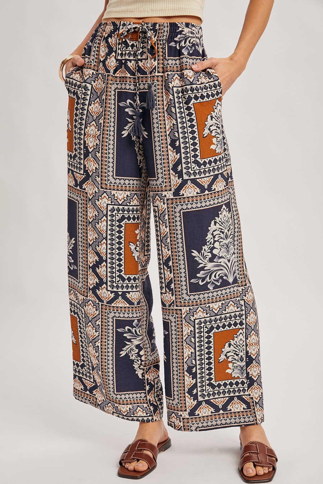 Bluivy - BOHO PRINT DRAWSTRING WIDE LEG PANTS