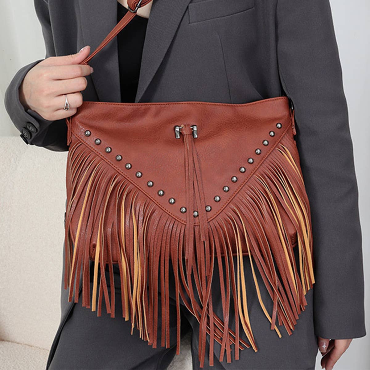 RIVET SOFT PU LEATHER TASSEL SHOULDER BAG