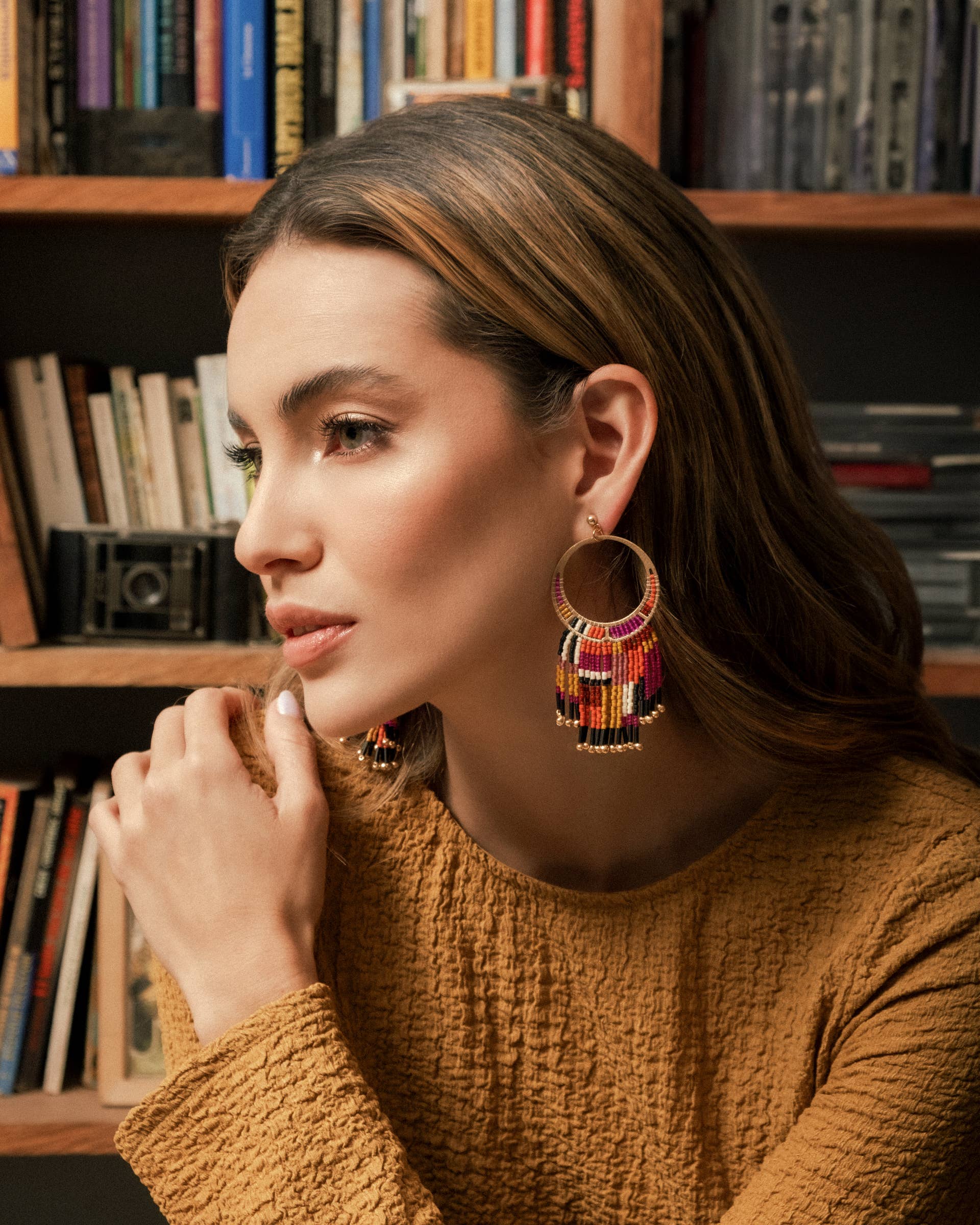 Mayana Designs Co - Beaded Handwoven Painted Desert Fringe Earrings (Aqua/Rust)