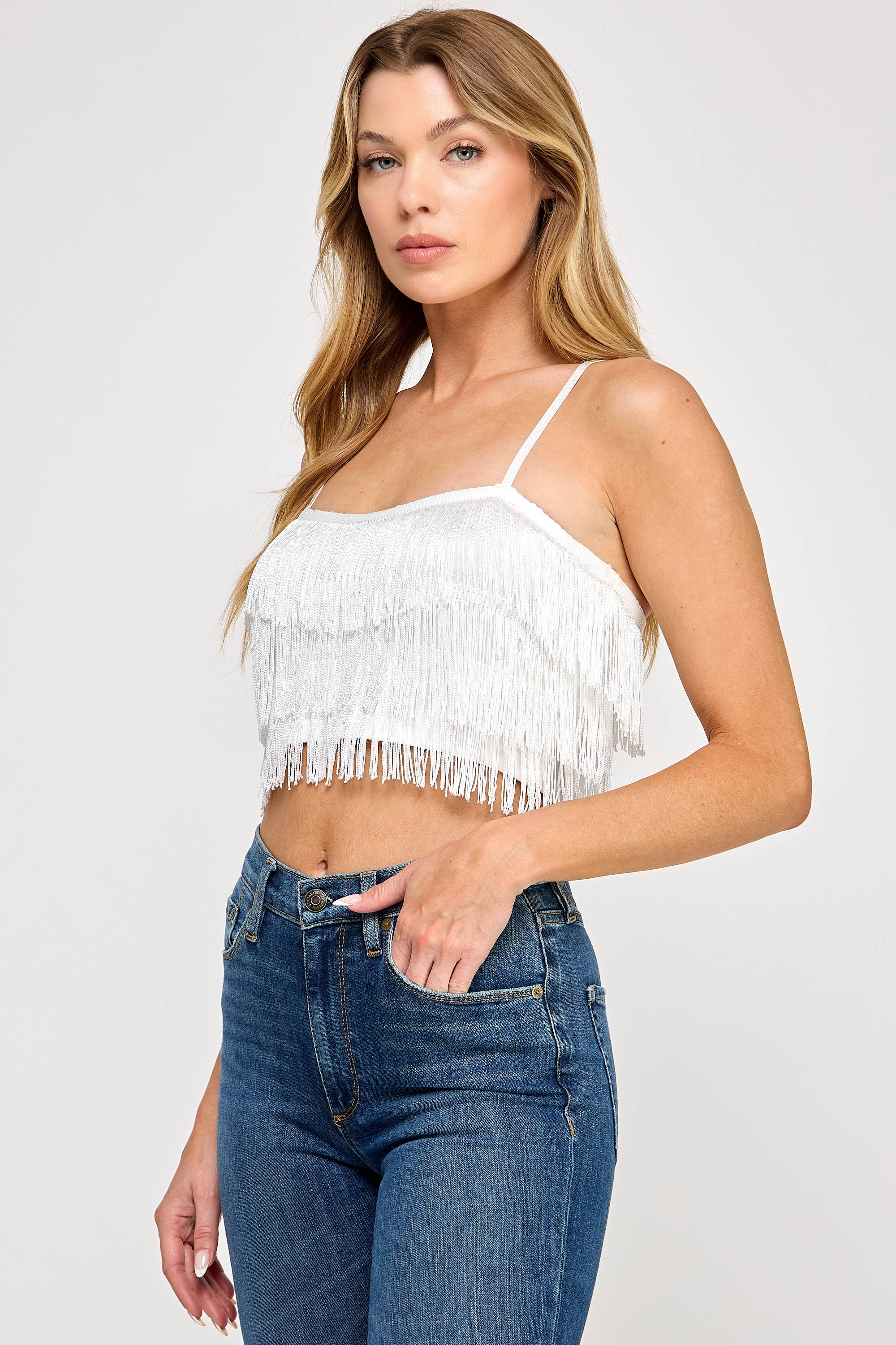 Tassel Fringe Crop Tiered Ruffle Cropped Tank Top