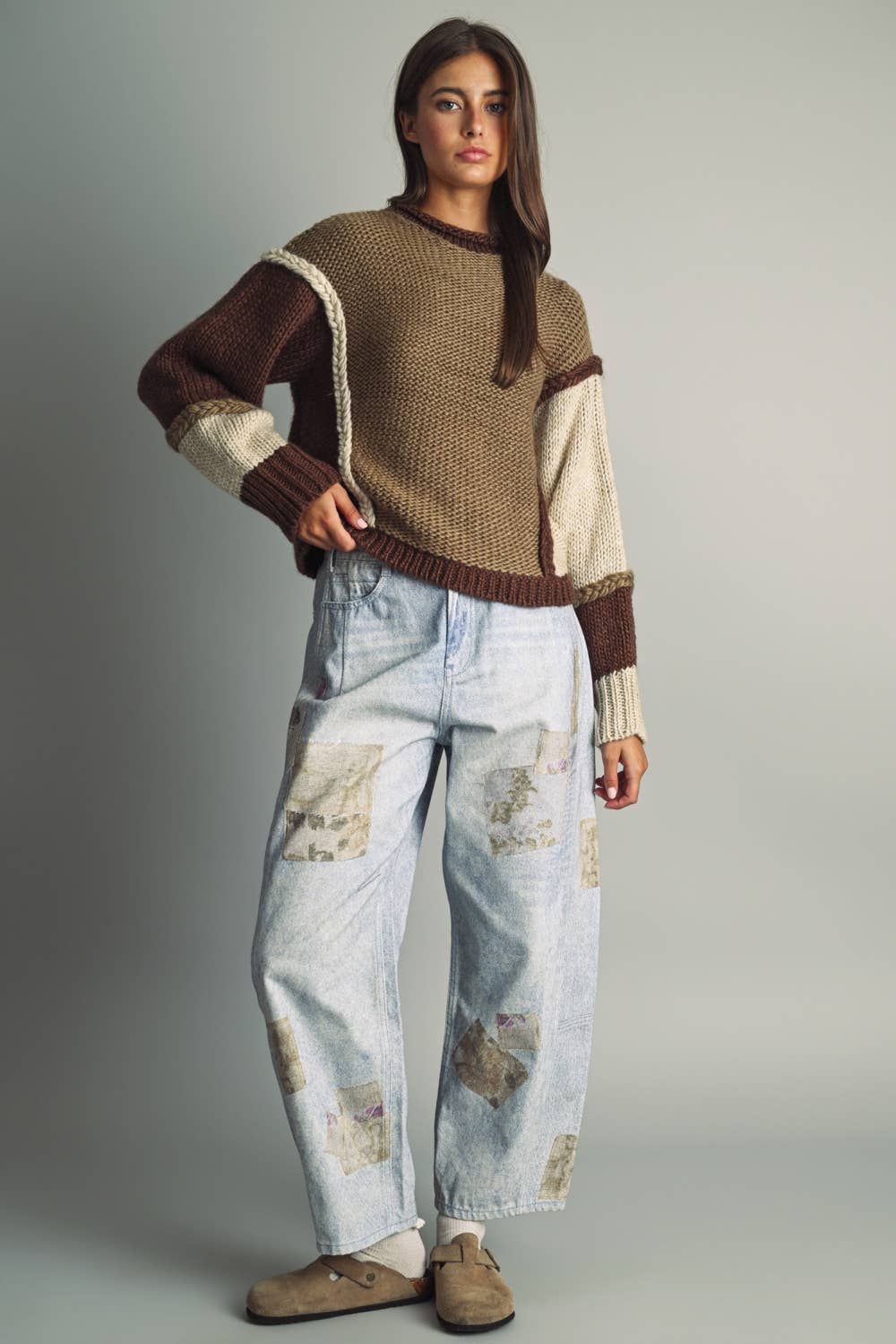 MIOU MUSE - T7267 COLOR BLOCKED LONG SLEEVE SWEATER TOP