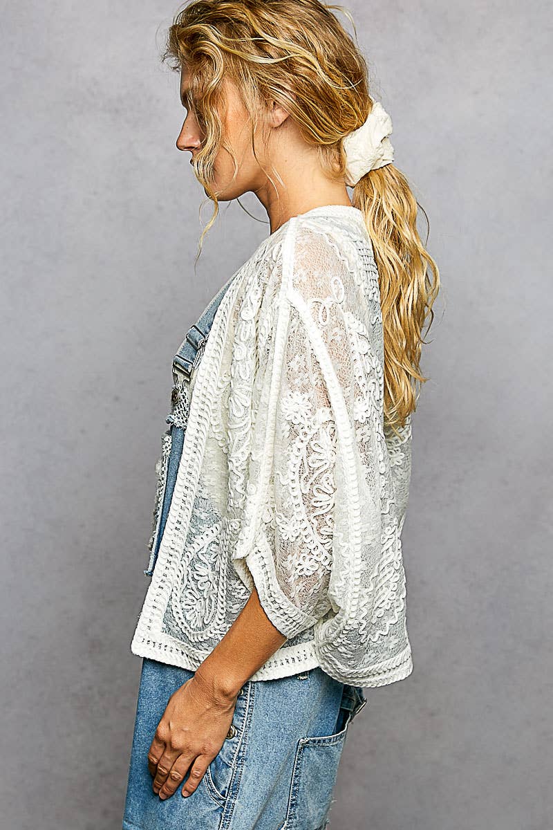 Pol Clothing - Floral Embroidery Crochet Half Batwing Sleeve Cardigan