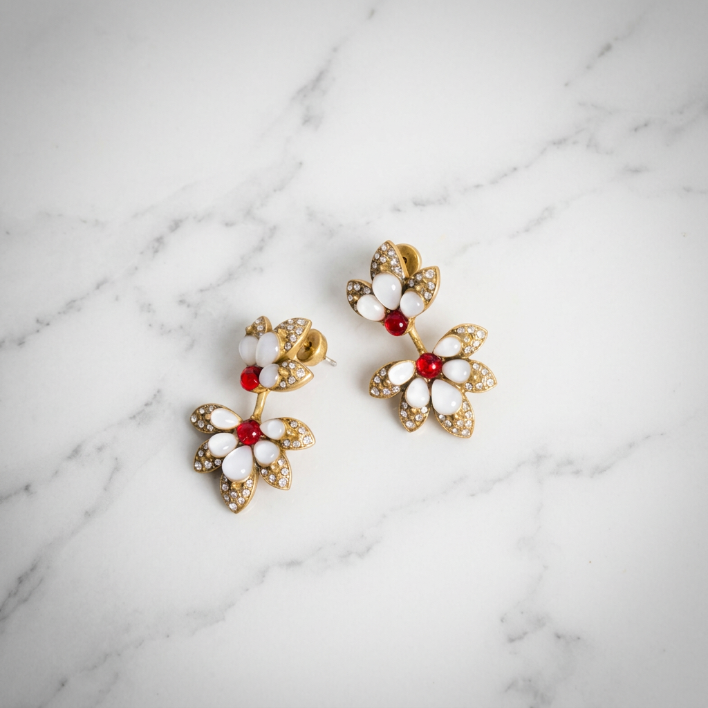 GirlyPirateCo - Vintage Gold Plated Shell&Red Crystal Flower Dangle Earrings