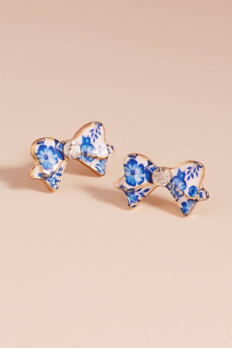 Designature New York - Flower Print On Enamel Bow Titanium Post Earrings