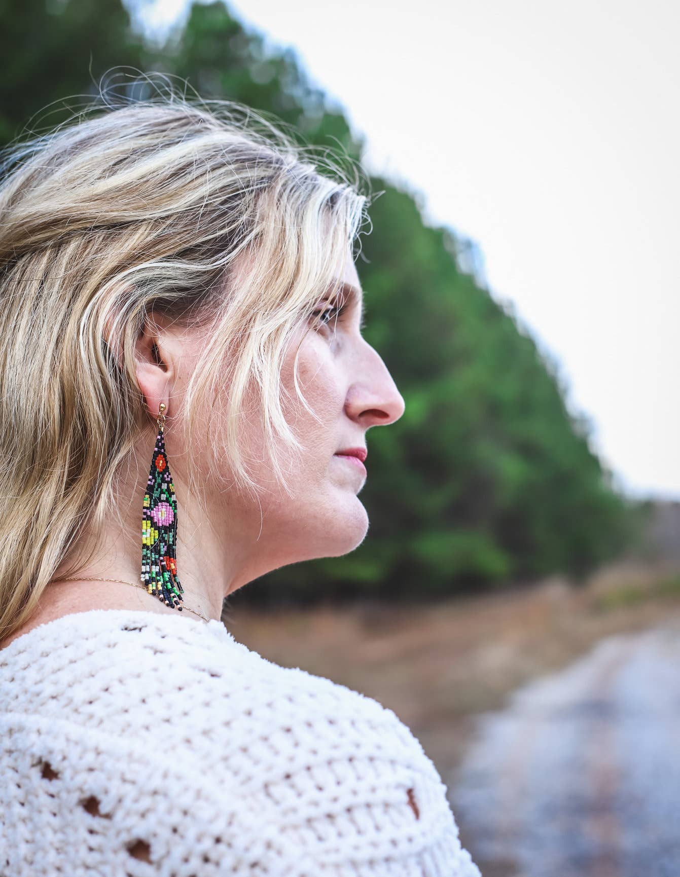 Mayana Designs Co - Beaded Handwoven Wildflower Fringe Earrings (White)