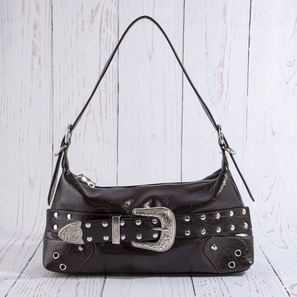 Collections by Fame Accessories - Studded Western Buckle Vegan Leather Shoulder Bag