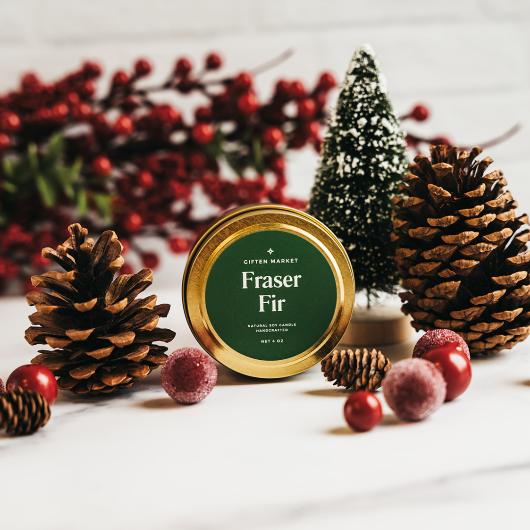 Giften Market - Fraser Fir Soy Candle - 4 oz Gold Travel Tin - Holiday Scent