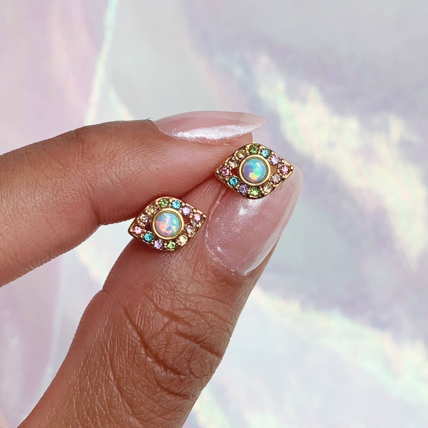 Wildflower + Co. - Evil Eye Stud Earrings, Opal & Pastel Pave
