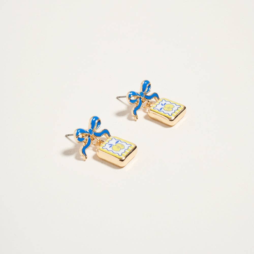 Designature New York - Vintage Fruit Plant Print Tile Enamel Bow Earrings