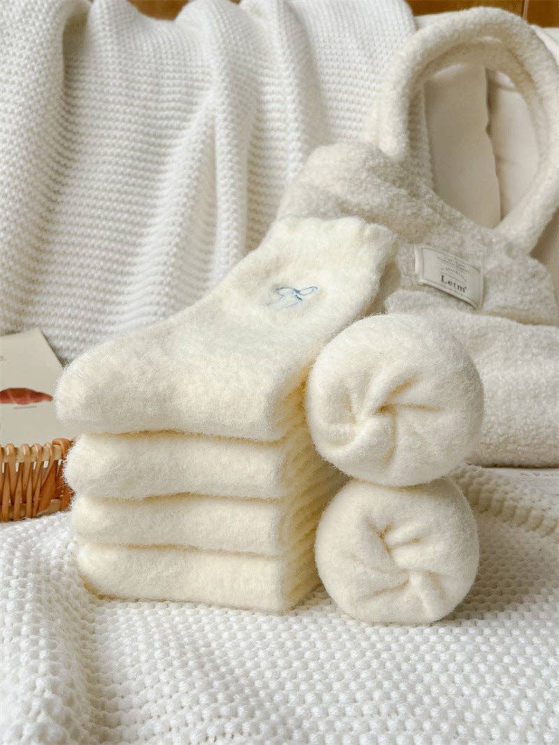 Dipped Shop - Winter Plush Solid Color Bow Embroidery Crew Socks