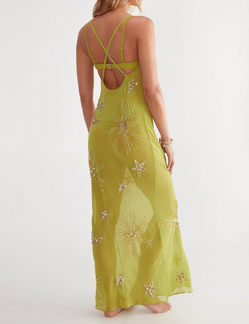 Dipped Shop - Sexy Sparking Sequins V-Neck Backless Maxi Dress DP26I474